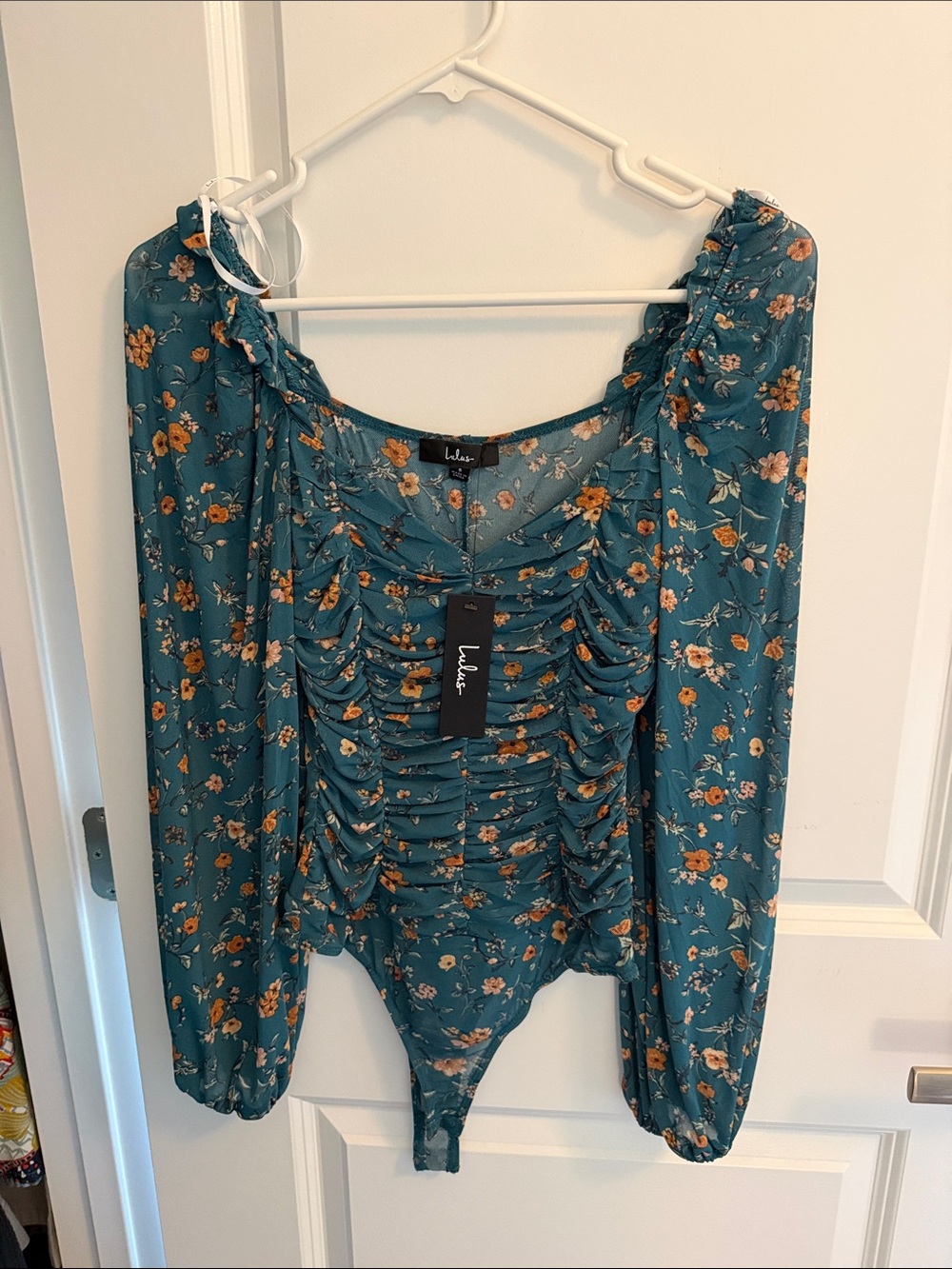 Lulu's Teal Floral Ruched Square-Neck Long-Sleeve Bodysuit